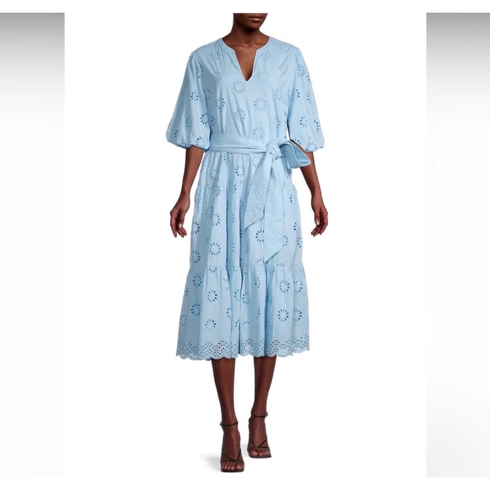 Roller Rabbit Eyelet Valonia Blue Cotton Puff Sleeve Belted Midi Dress M resort